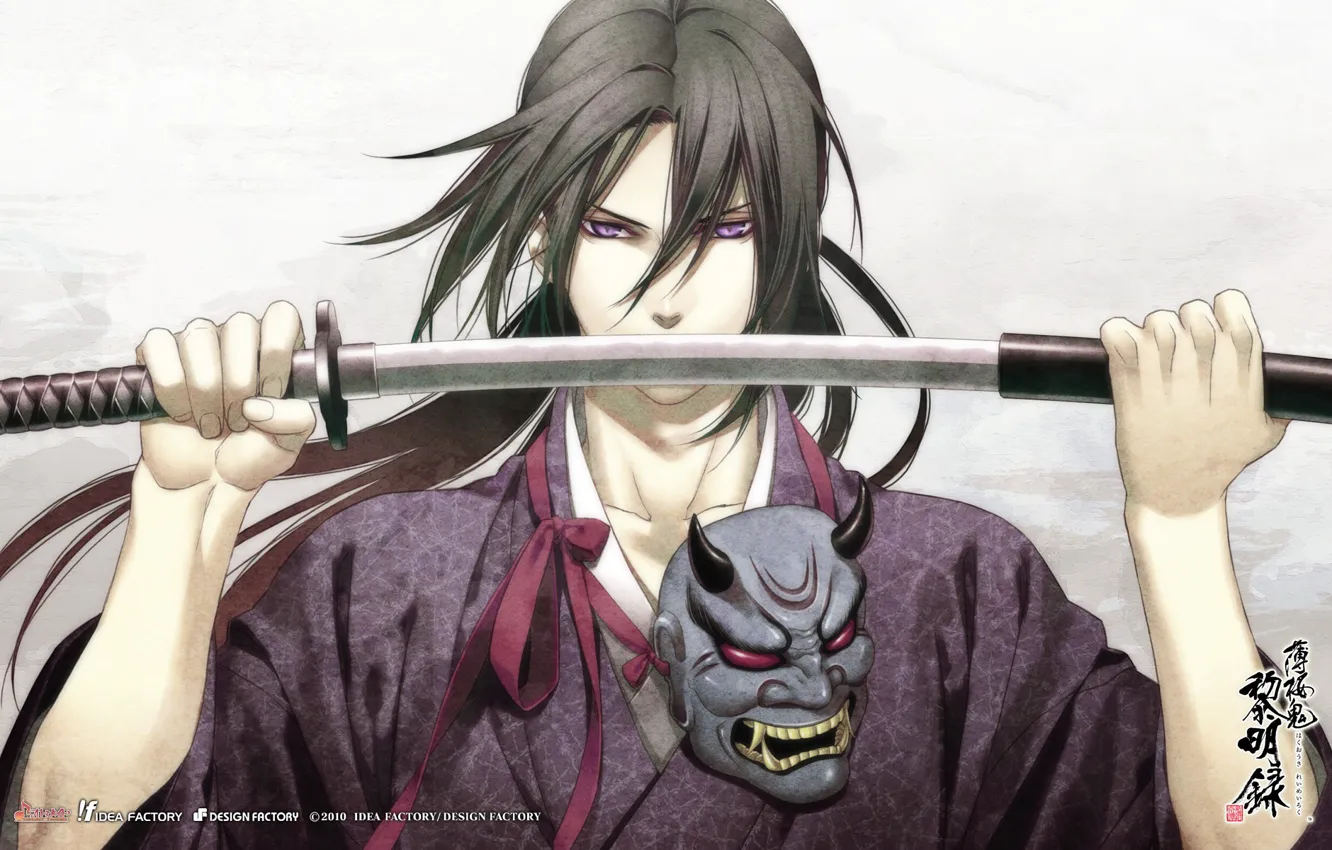 Фото обои взгляд, меч, аниме, маска, самурай, Hakuouki, Hijikata Toshizou
