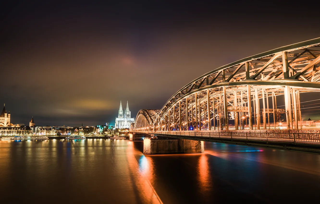 Фото обои ночь, мост, Köln