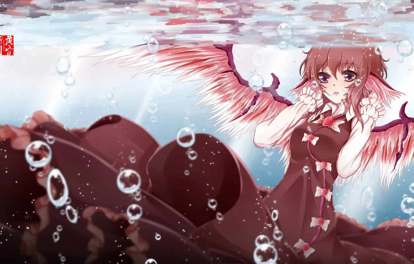Фото обои девушка, пузыри, крылья, аниме, арт, под водой, touhou, mystia lorelei