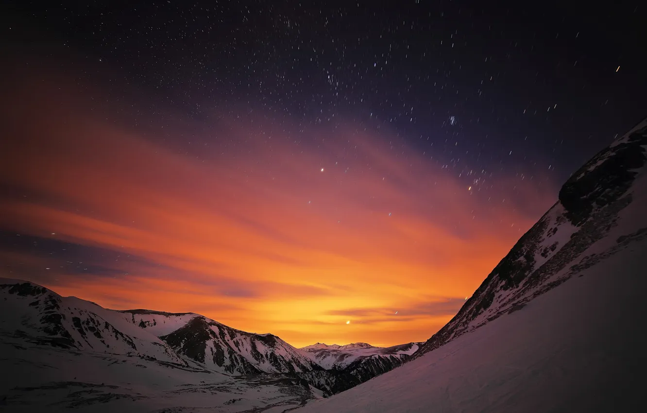 Фото обои звезды, снег, горы, ночь, вечер