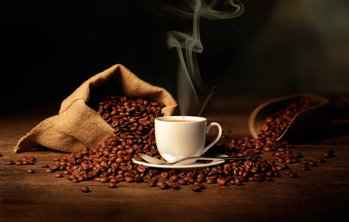 Фото обои кофе, ложка, чашка, мешок, кофейные зерна, coffee, spoon, Cup