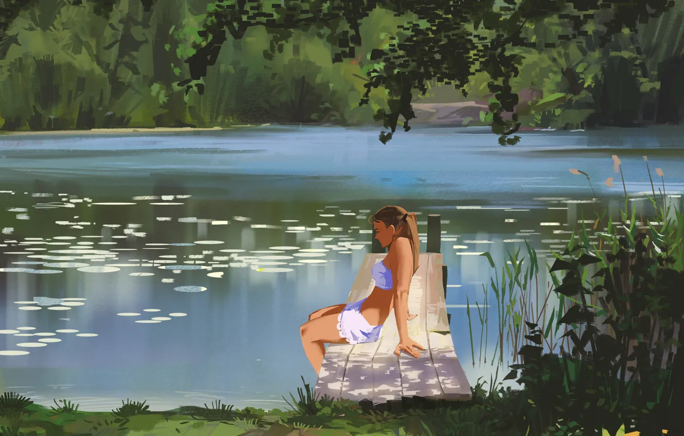 Фото обои лето, девушка, природа, озеро, мостки, by snatti