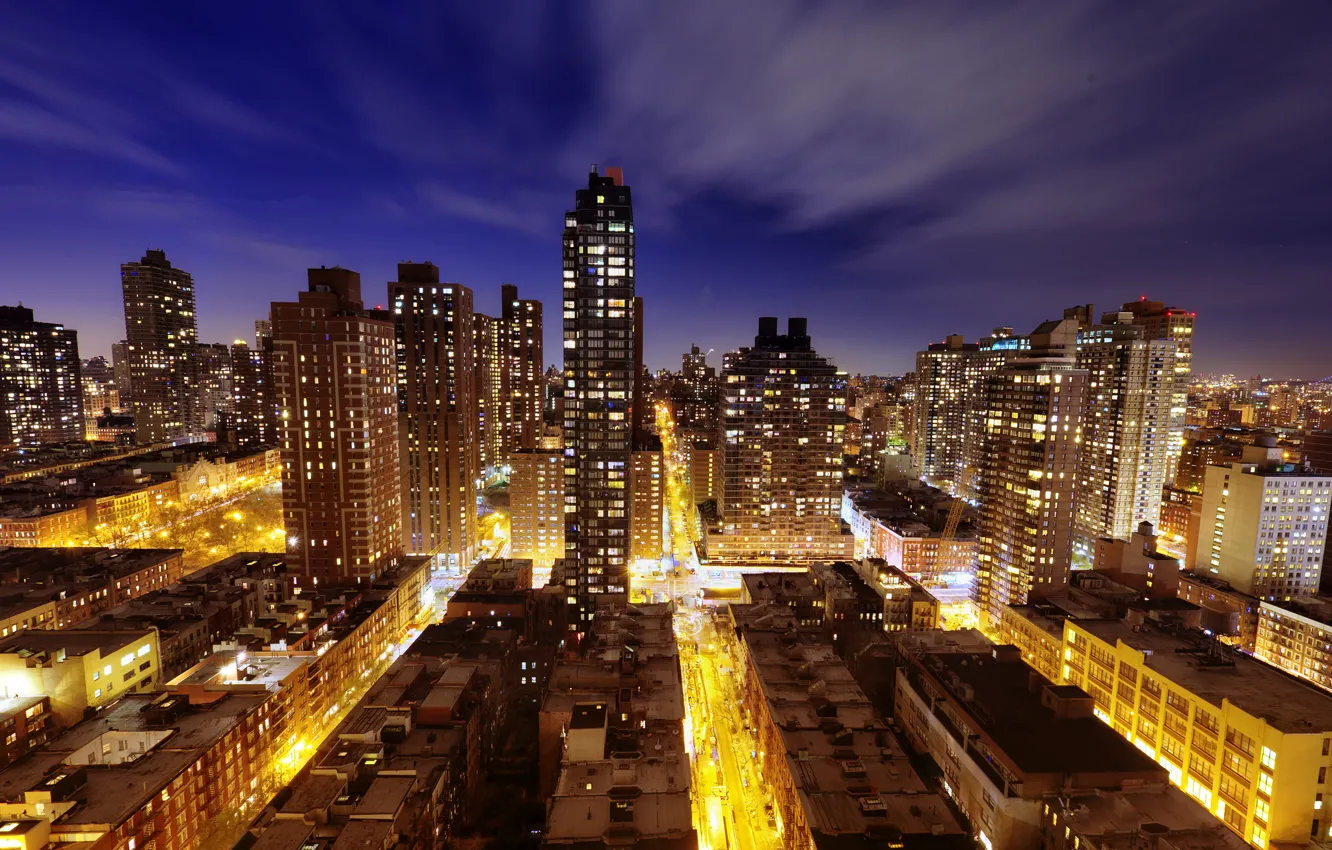 Фото обои свет, ночь, город, Нью-Йорк, улицы, new york