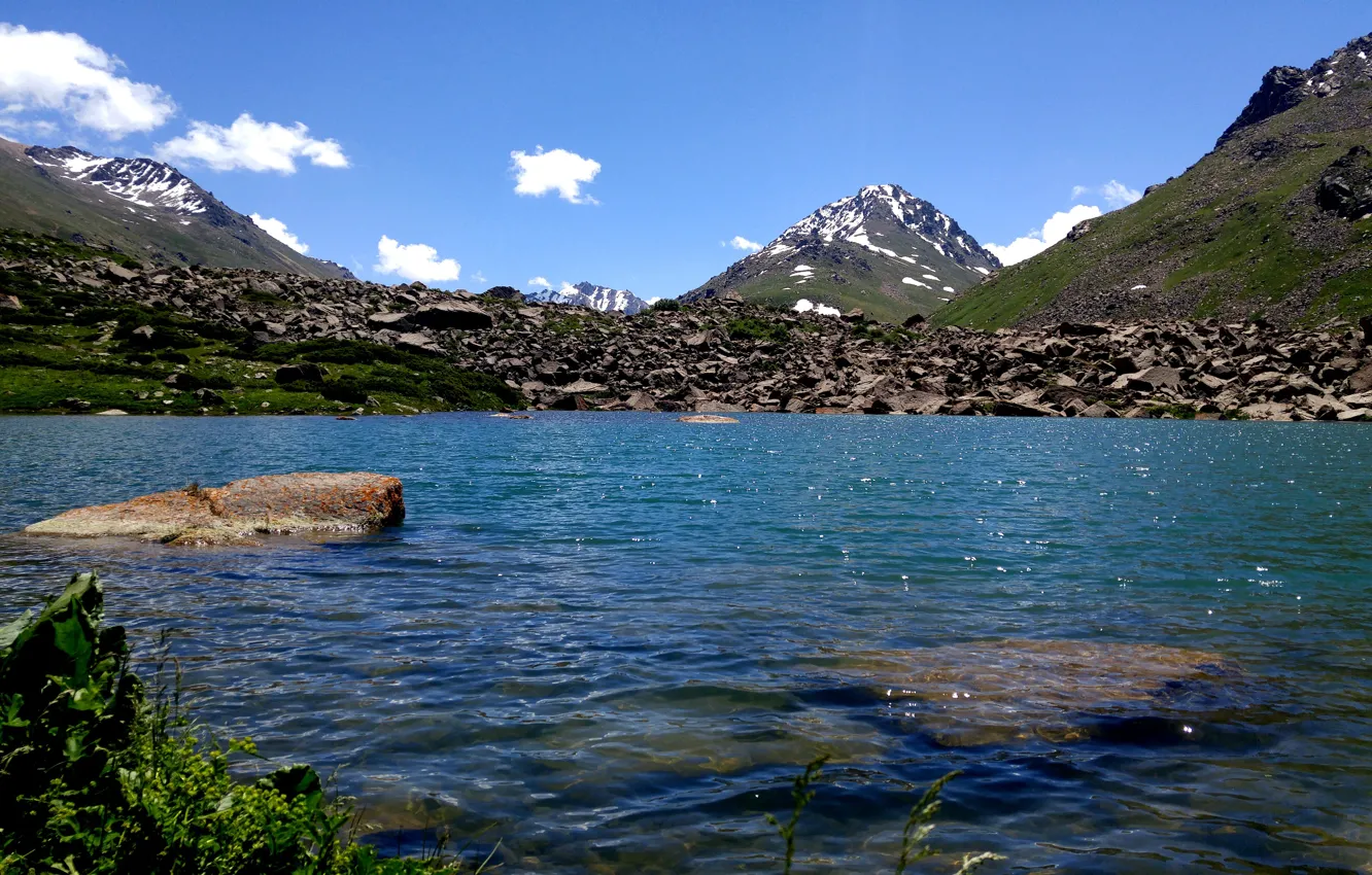 Фото обои горы, озеро, горное озеро, вершины гор