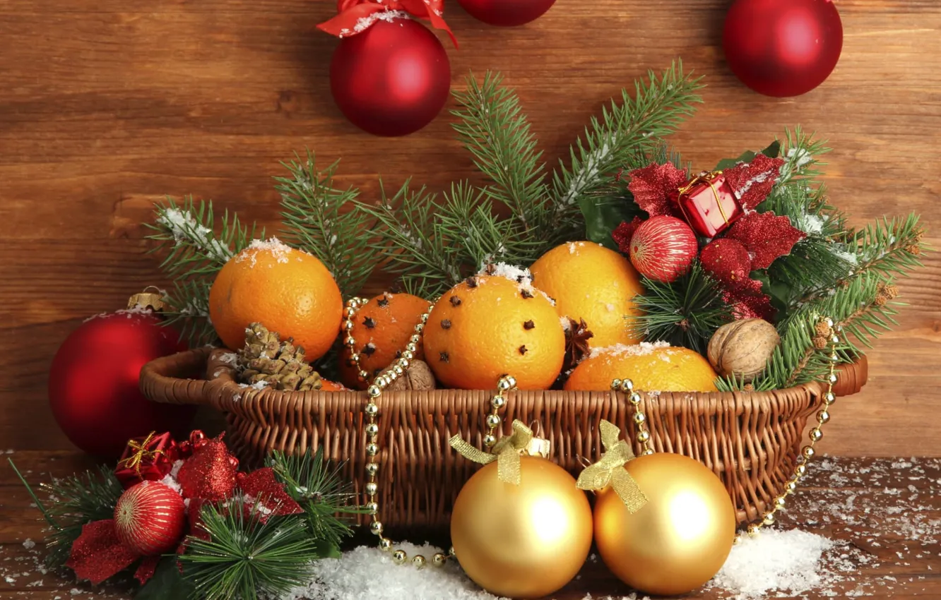Фото обои новый год, christmas, orange, мандарин, composition, новогодние композиции, композиция в корзине, корзина с апельсинами