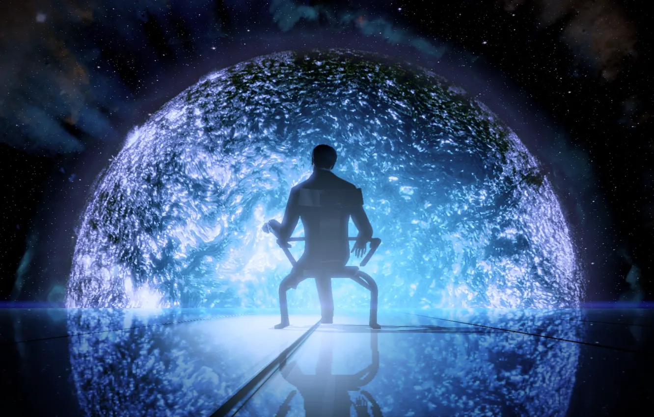 Фото обои космос, звезда, человек, кресло, mass effect, illusive man
