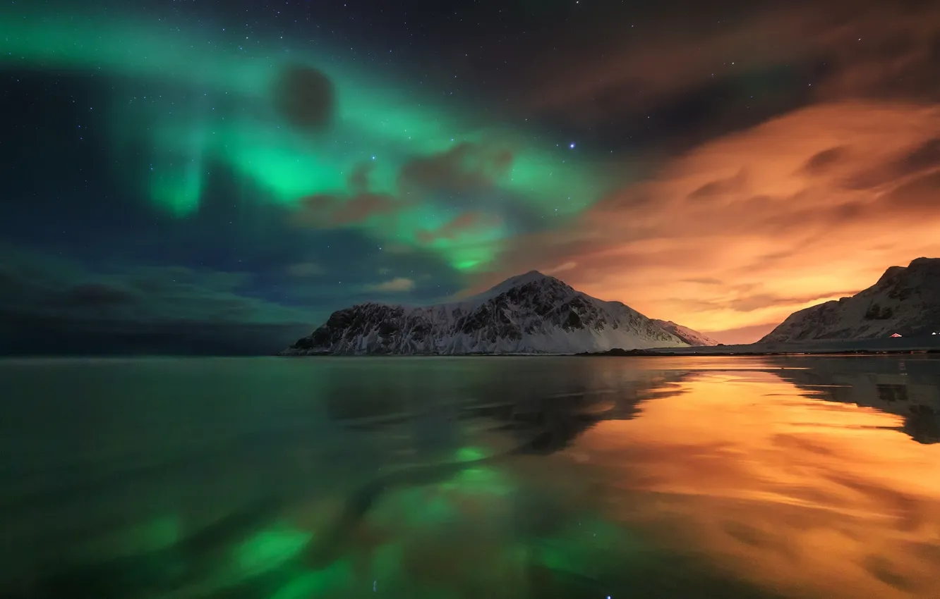 Фото обои море, небо, облака, пейзаж, закат, природа, aurora borealis