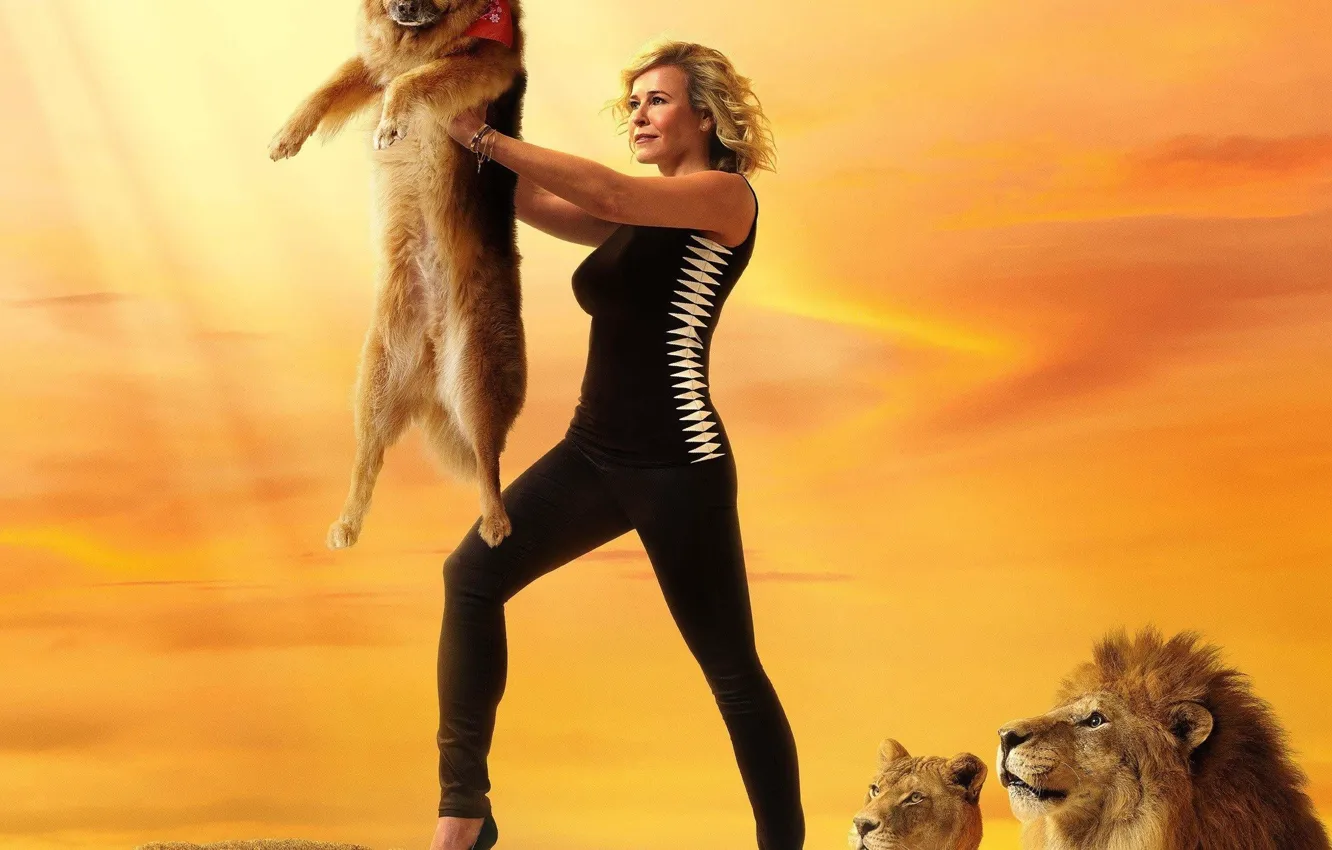 Фото обои sunshine, sky, nature, dog, lion, women, animal, blonde