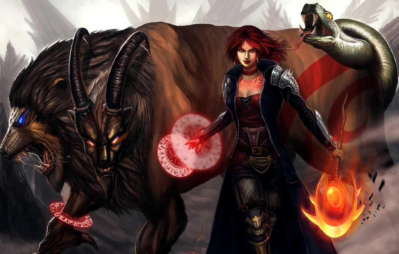 Фото обои взгляд, девушка, огни, фантастика, магия, узор, змея, голова