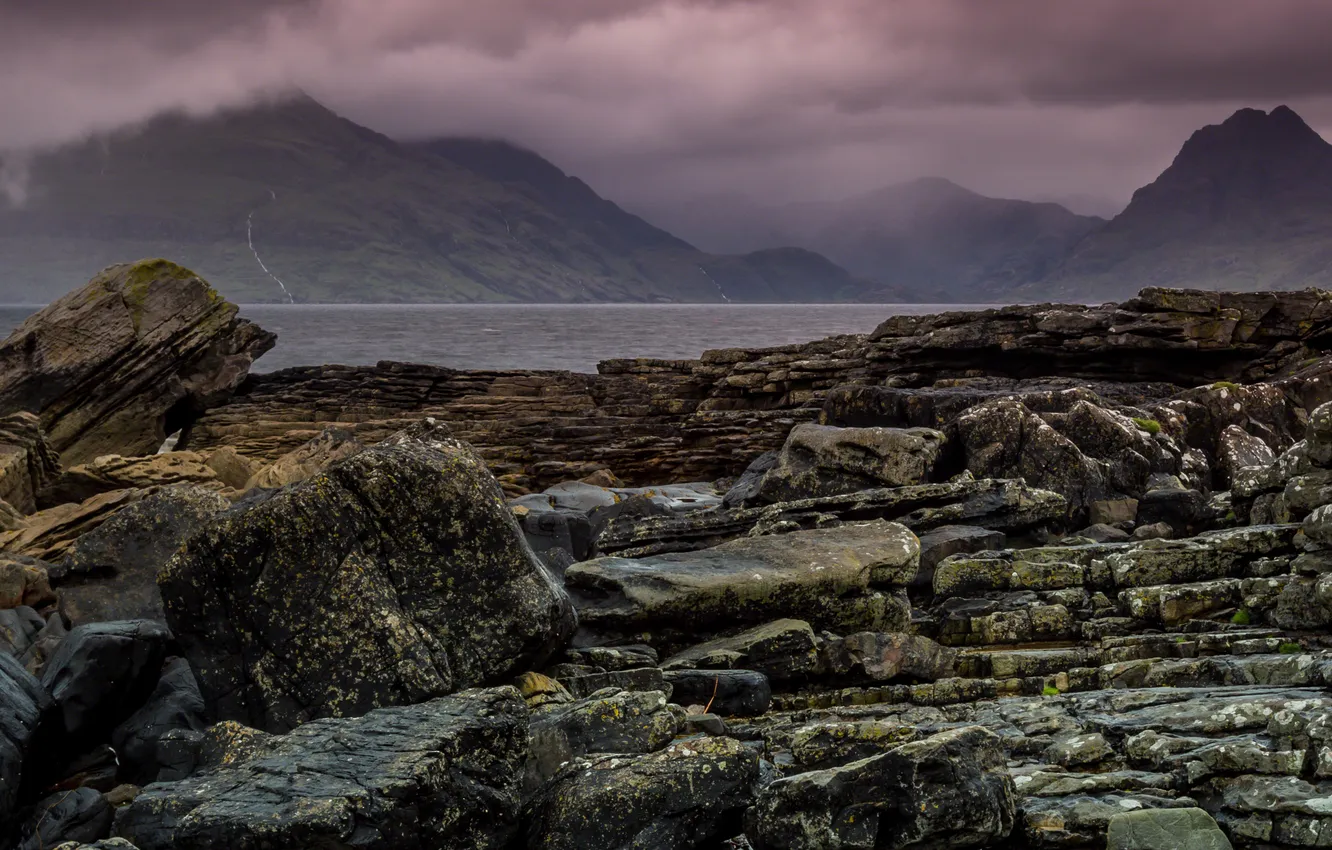 Фото обои Шотландия, Scotland, Isle of Skye, Остров Скай, Elgol, The Rocks and the Clouds