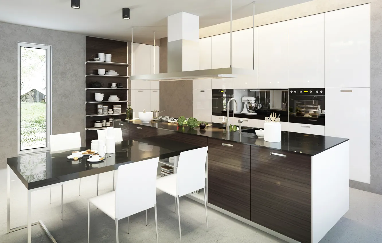 Фото обои стол, мебель, кухня, посуда, особняк, design, interior, kitchen