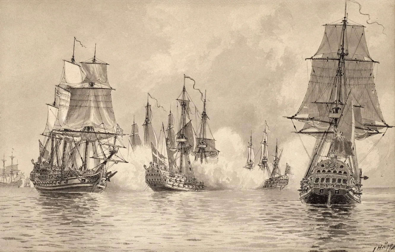 Фото обои чёрно - белое, морское сражение, Jacob Hägg, "Konvojskeppet Ölands strid med engelska eskadern, морской вид