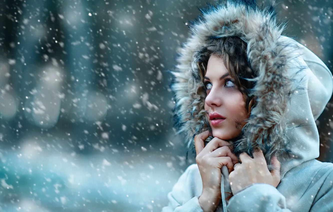 Фото обои холод, девушка, снег, капюшон, мех, Alessandro Di Cicco, Let it snow