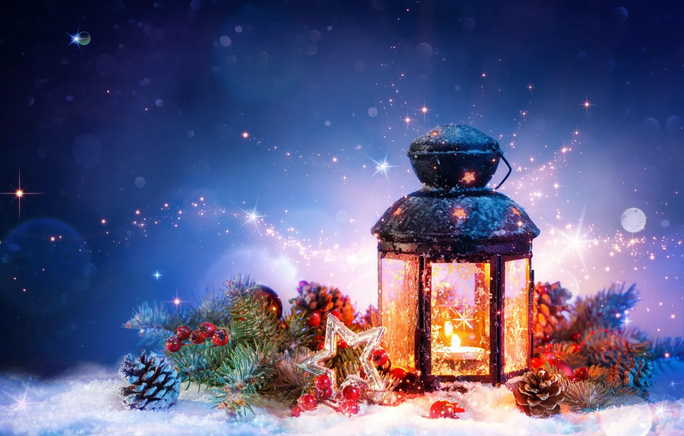 Фото обои снег, украшения, Рождество, фонарь, Новый год, мишура, шишки