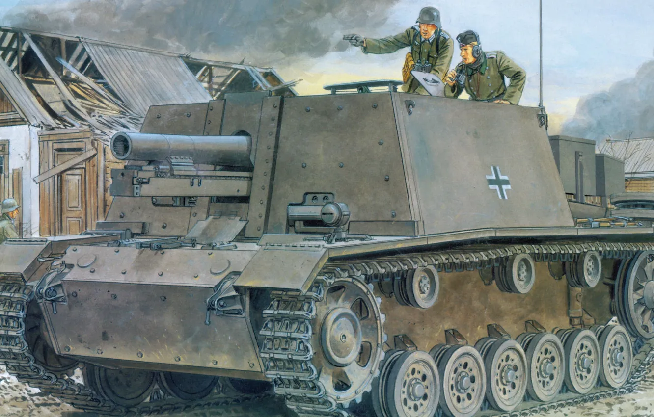 Фото обои рисунок, немцы, САУ, Sturm-Infanteriegeschütz, sIG 33, Ausf.B, немецкая самоходно-артиллерийская установка, StuIG 33B