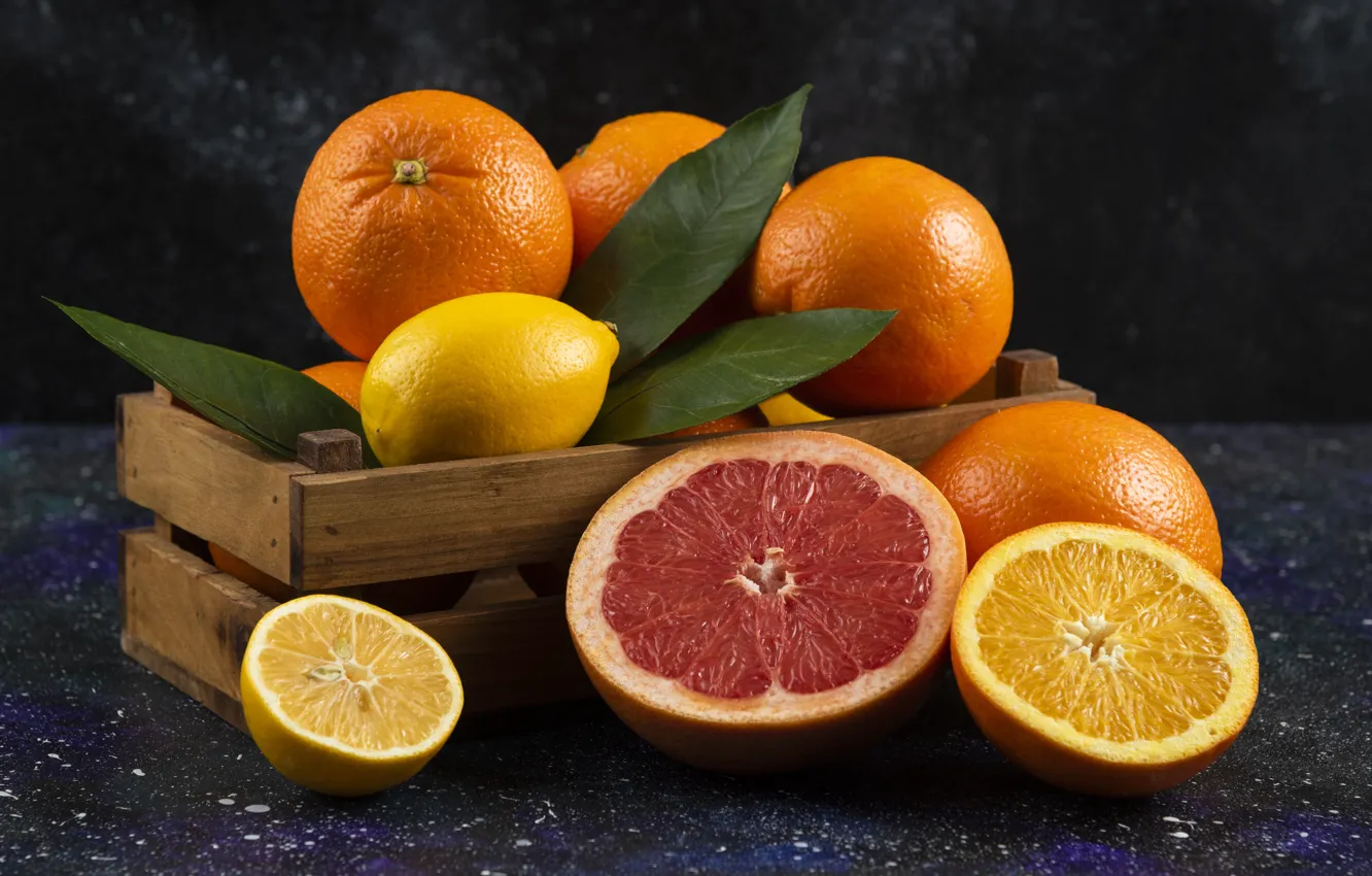 Фото обои апельсины, ящик, цитрусы, лимоны, грейпфрут