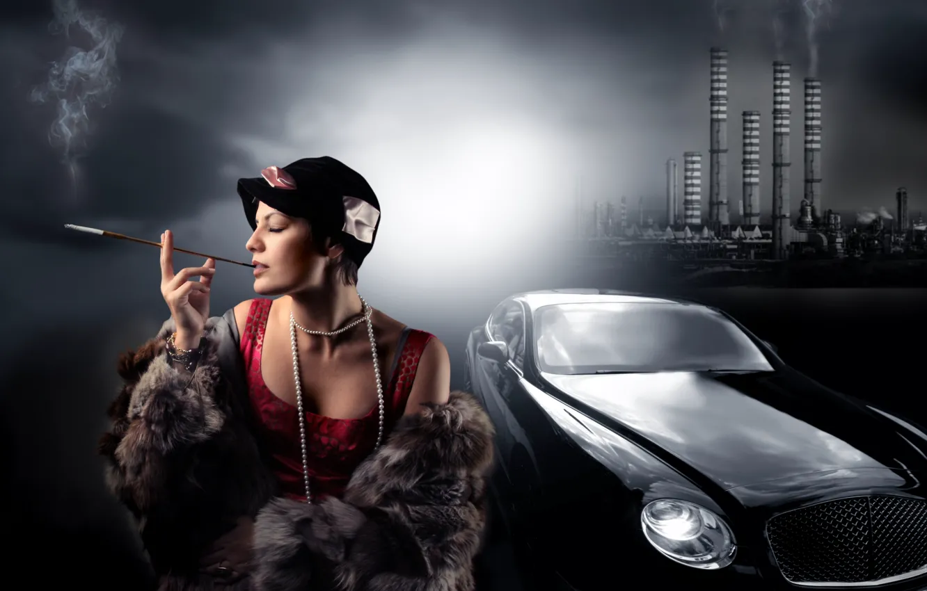 Фото обои машина, трубы, завод, женщина, дым, шляпа, ожерелье, сигарета