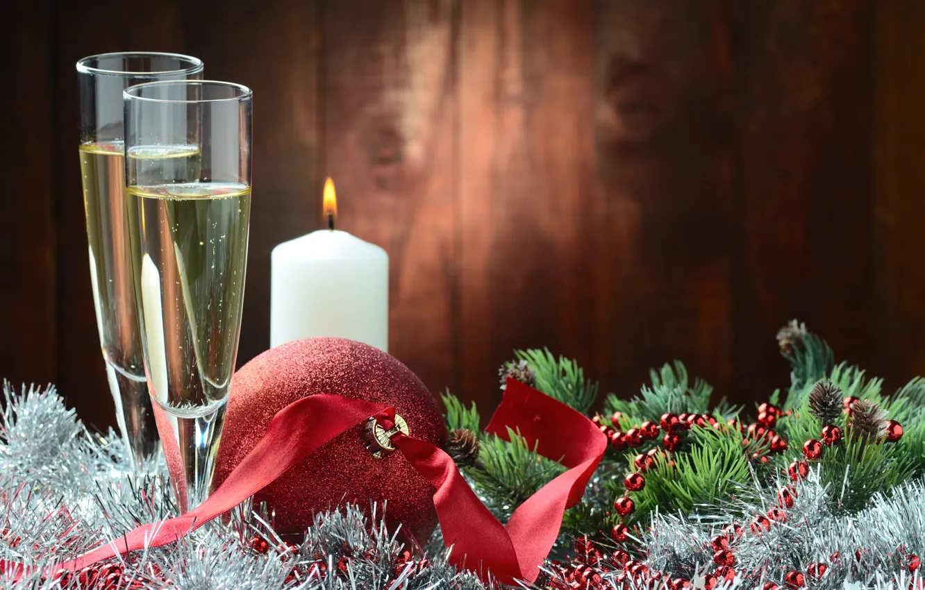 Фото обои шары, елка, Новый Год, Рождество, мишура, шампанское, Christmas, New Year