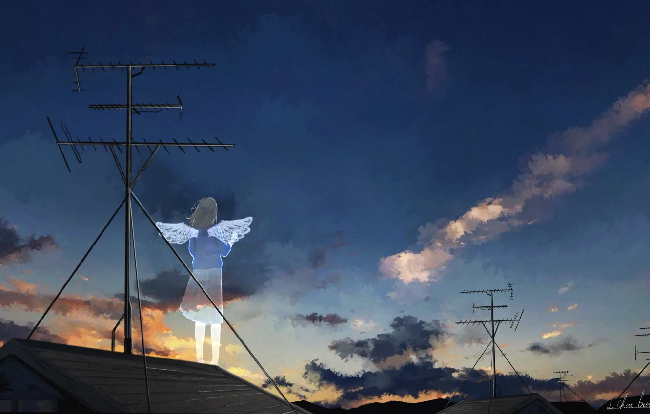 Фото обои крыша, девушка, закат, ангел