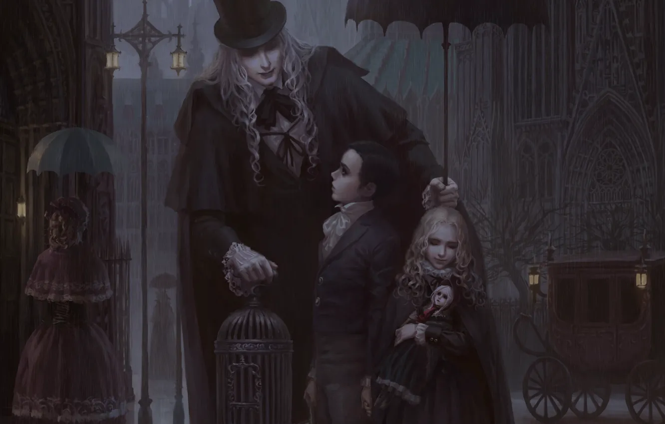 Фото обои дети, готика, клетка, кукла, зонт, фонари, мужчина, карета
