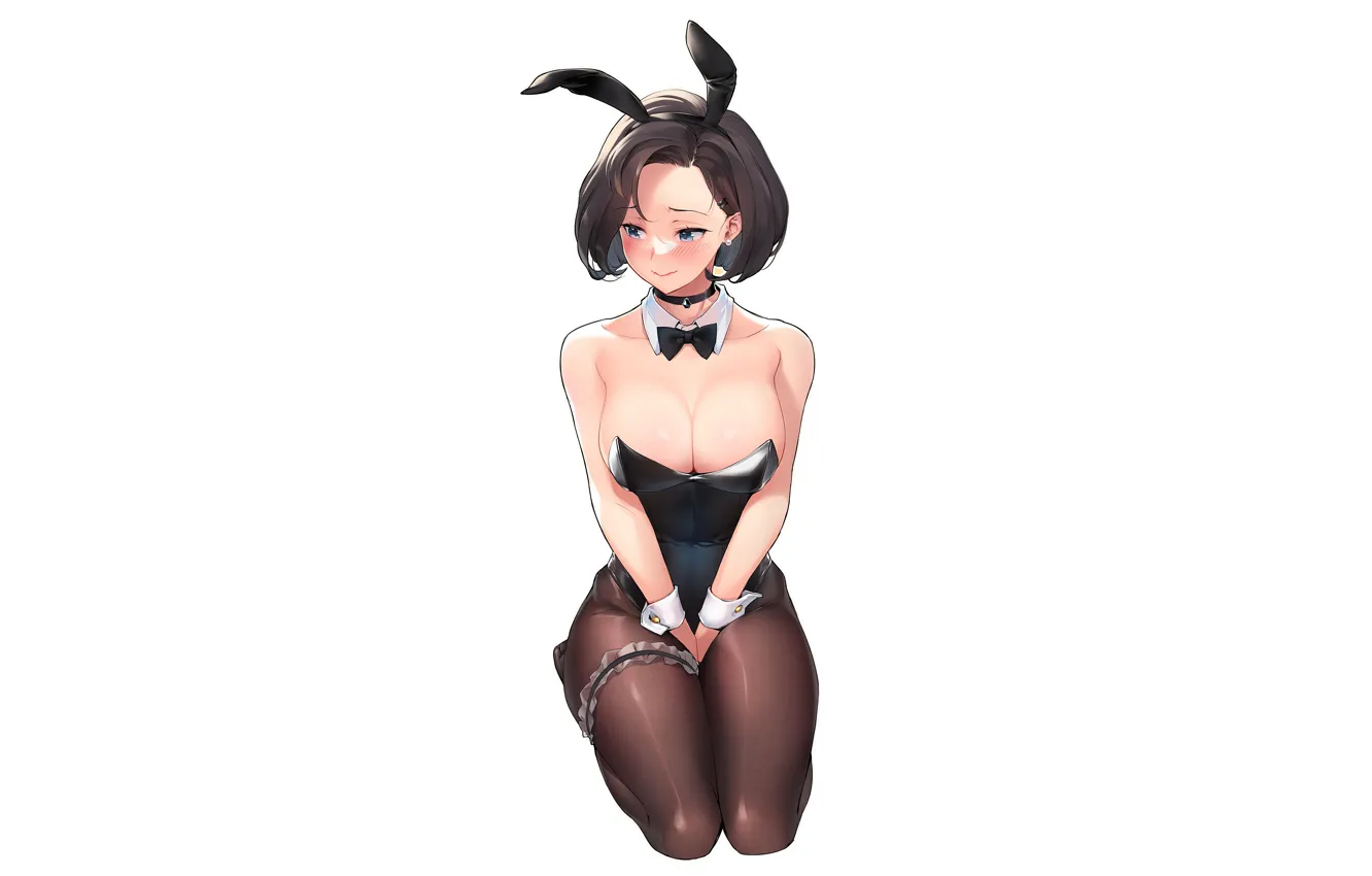 Фото обои girl, sexy, cleavage, brown hair, boobs, anime, beautiful, short hair