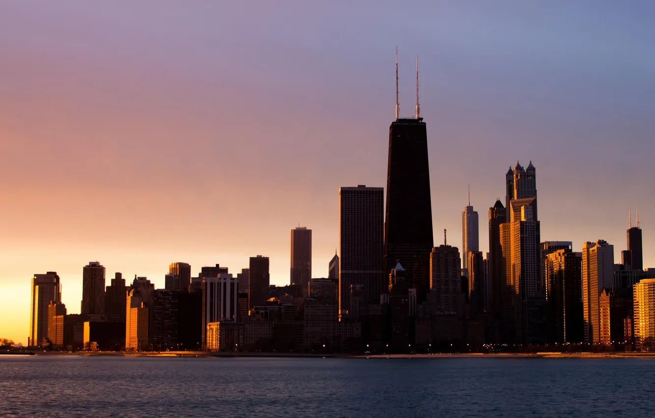 Фото обои закат, город, небоскребы, Чикаго, Мичиган, Chicago, Иллиноис