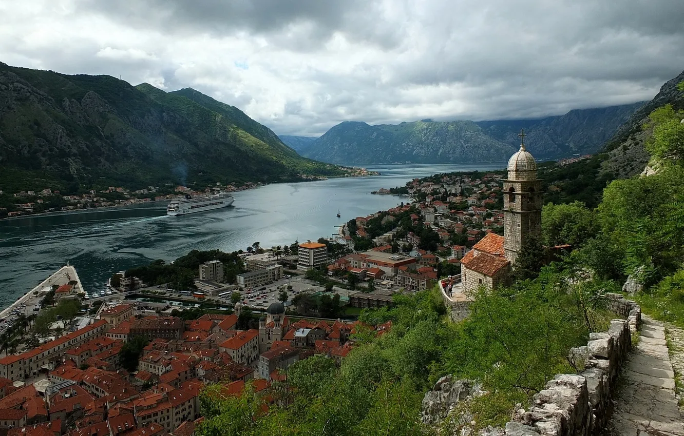 Фото обои пейзаж, горы, церковь, панорама, лайнер, Черногория, Котор, Montenegro