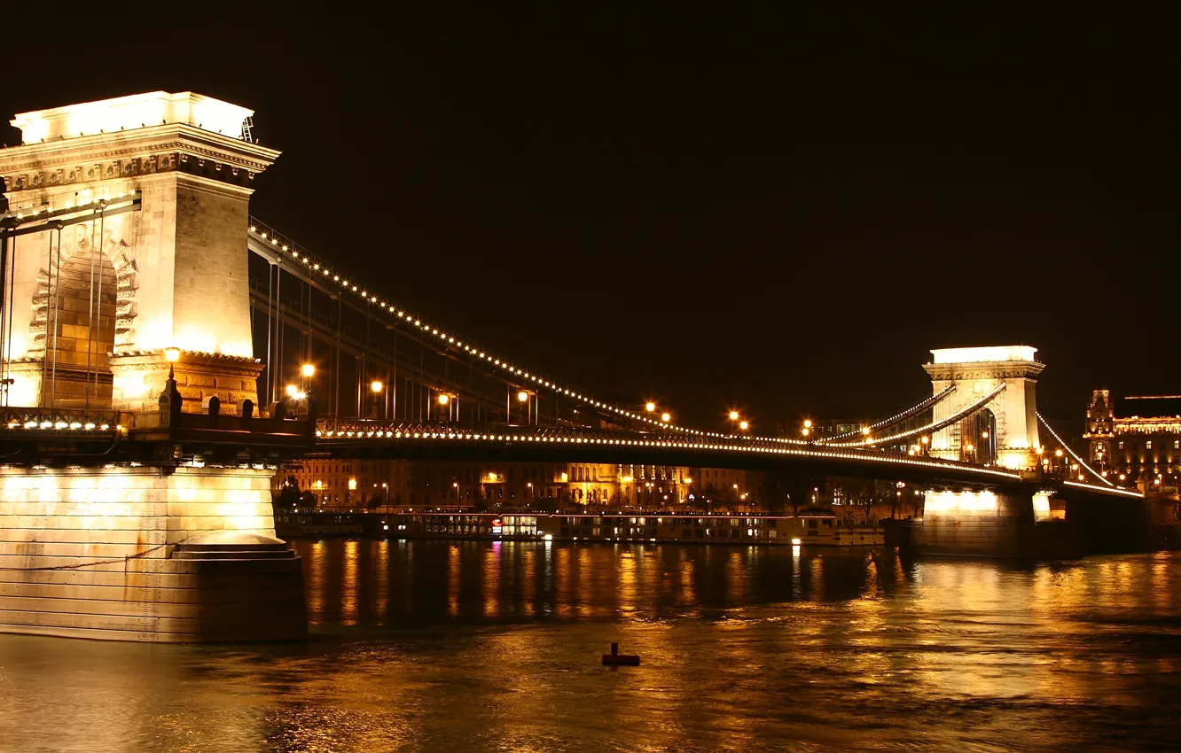 Фото обои ночь, огни, река, Венгрия, Будапешт, Дунай, Цепной Мост