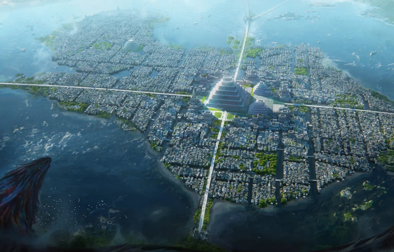Фото обои город, остров, пирамида, Dragons conquer America, Tenochtitlan city