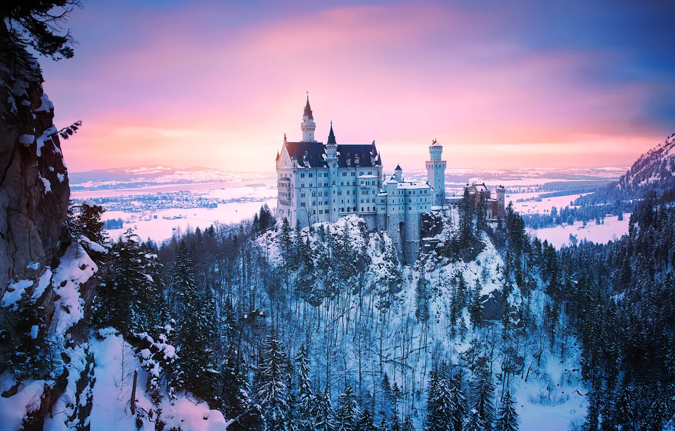 Фото обои зима, свет, снег, Германия, Бавария, замок Нойшванштайн