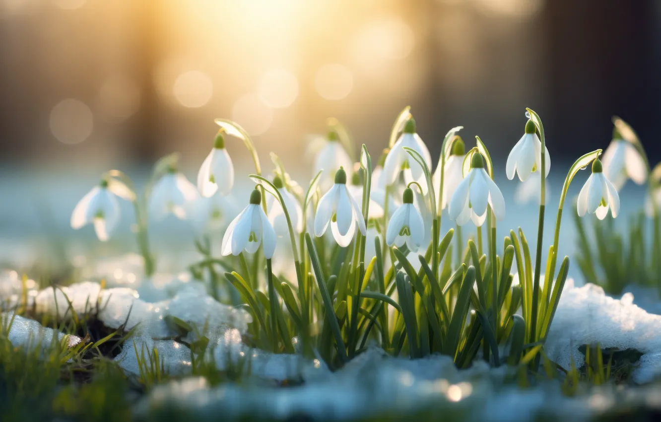 Фото обои снег, цветы, природа, поляна, весна, подснежники, белые, первоцветы