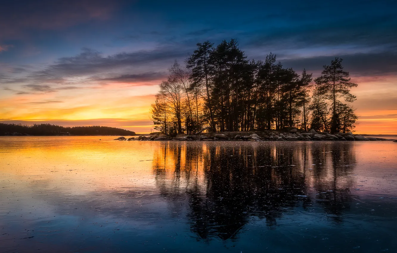 Фото обои деревья, закат, озеро, отражение, остров, Финляндия, Finland, Тампере