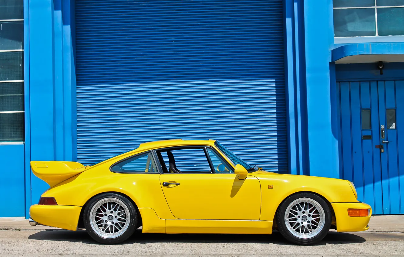 Фото обои желтый, здание, Porsche, порше, yellow, 964, building