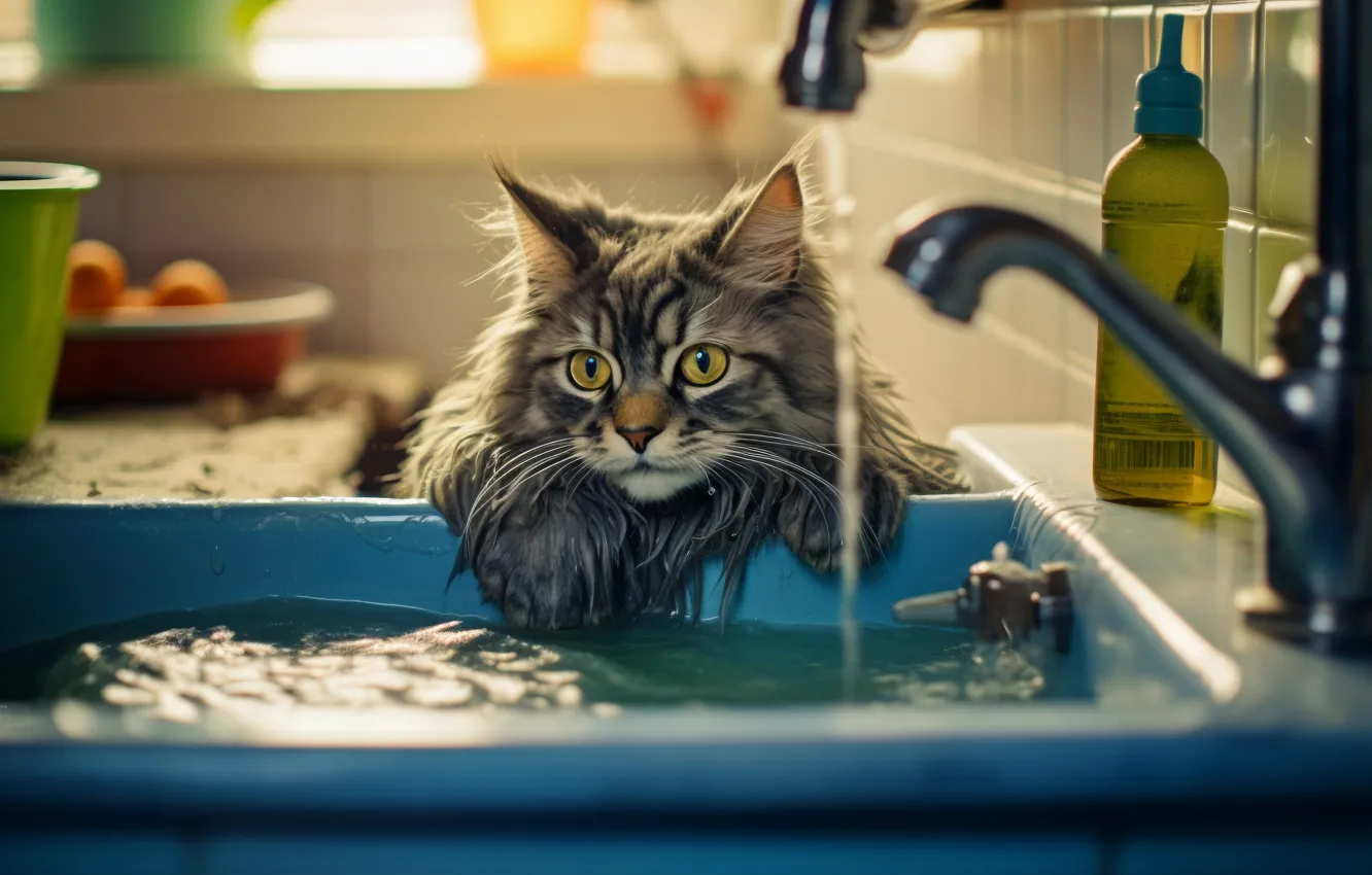 Фото обои кошка, кот, взгляд, вода, свет, мокрый, поза, кран