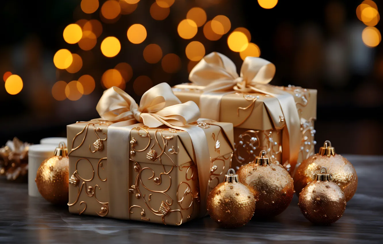 Фото обои украшения, шары, Новый Год, Рождество, подарки, golden, new year, Christmas