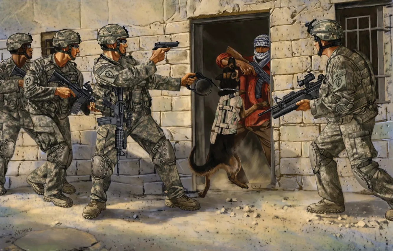 Фото обои оружие, рисунок, собака, арт, солдаты, захват, боевик, экипировка
