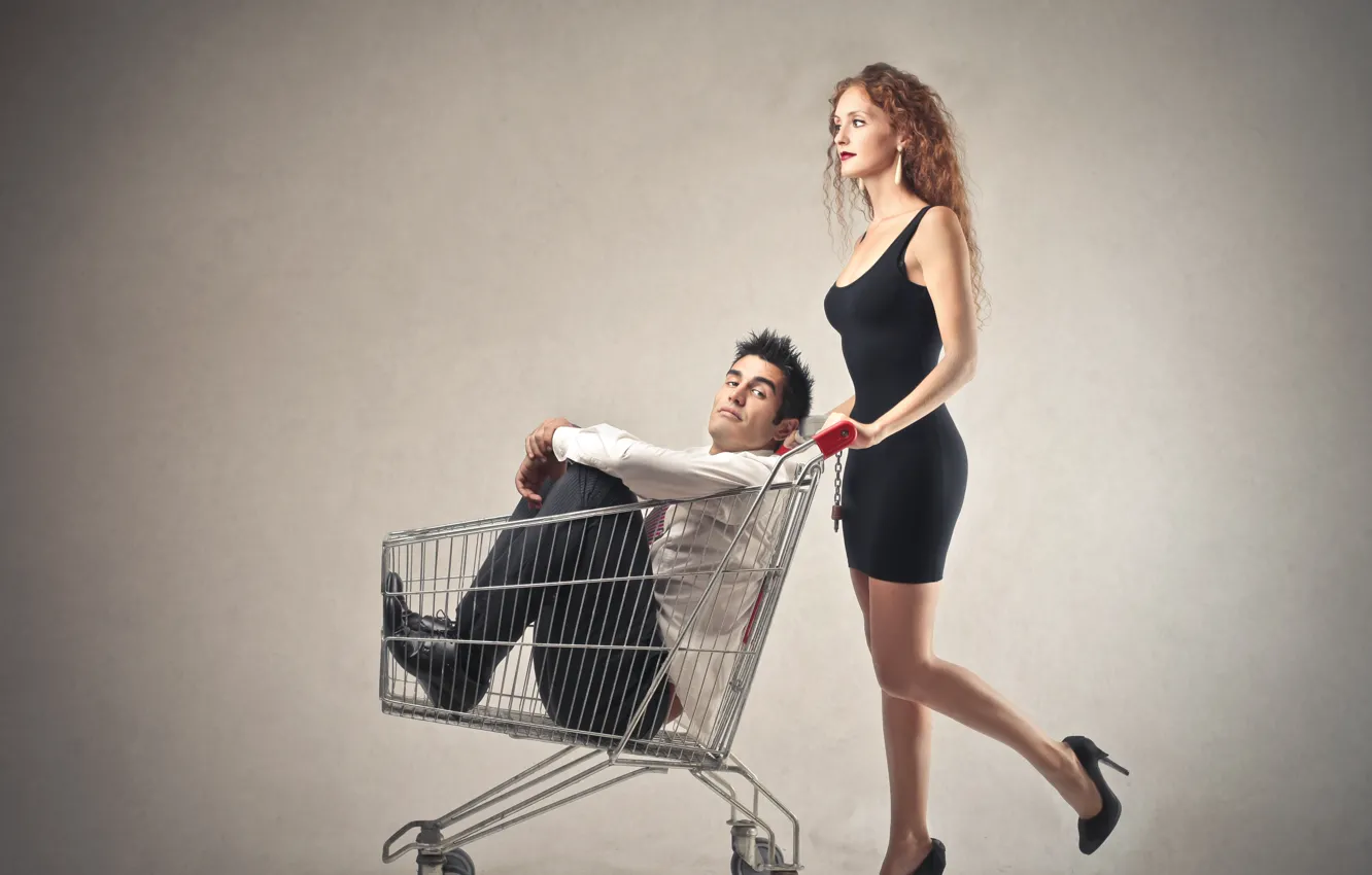 Фото обои корзина, Девушка, мужчина, шопинг