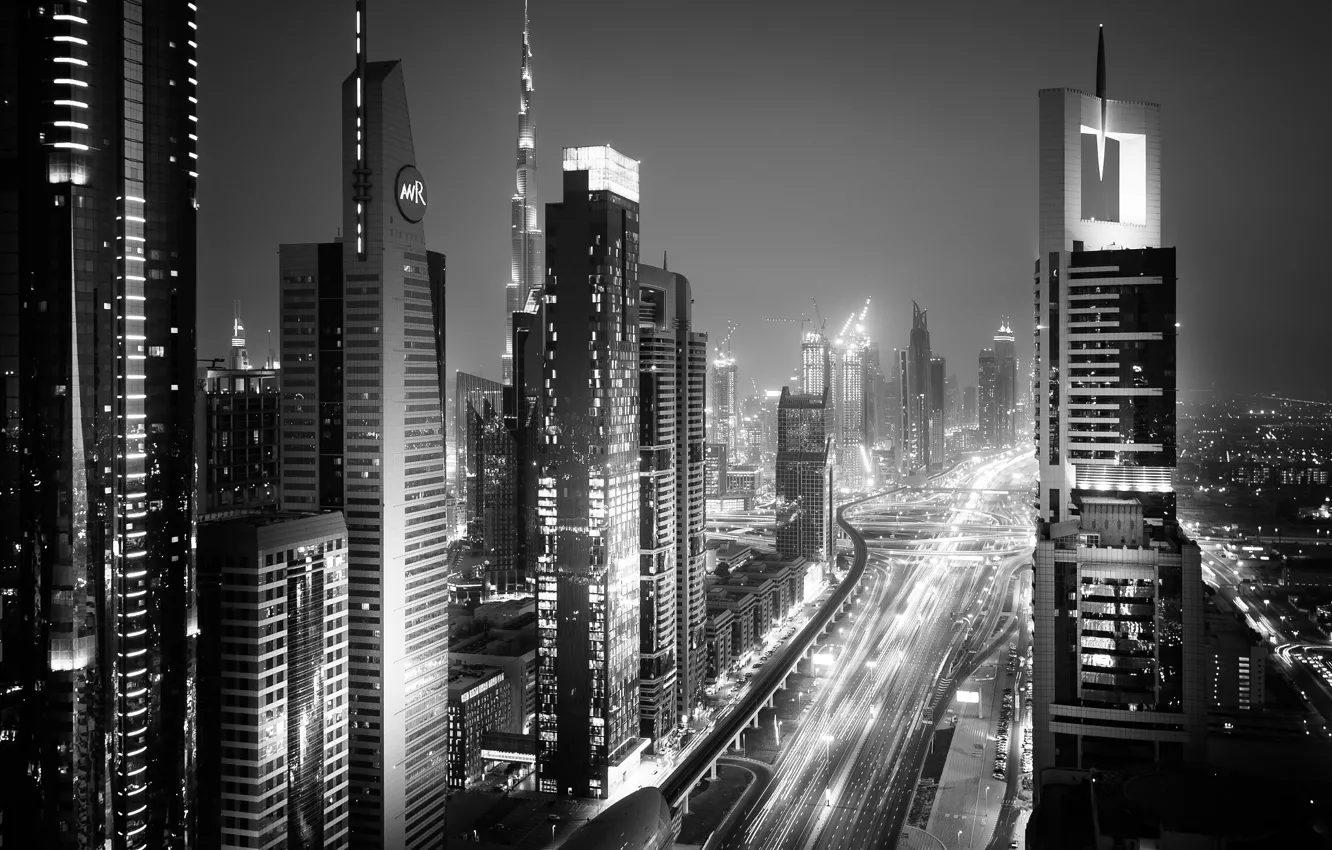 Фото обои свет, ночь, город, огни, Дубай, ОАЭ, чёрно - белое фото