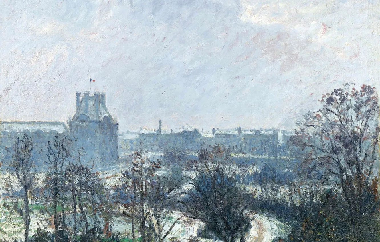 Фото обои картина, городской пейзаж, Камиль Писсарро, Парк Лувра и Павильон Флоры в Снегу