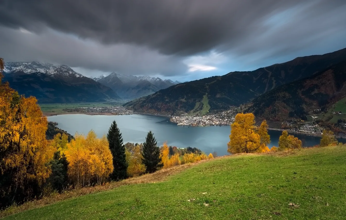 Фото обои осень, деревья, горы, озеро, Австрия, Альпы, панорама, Austria