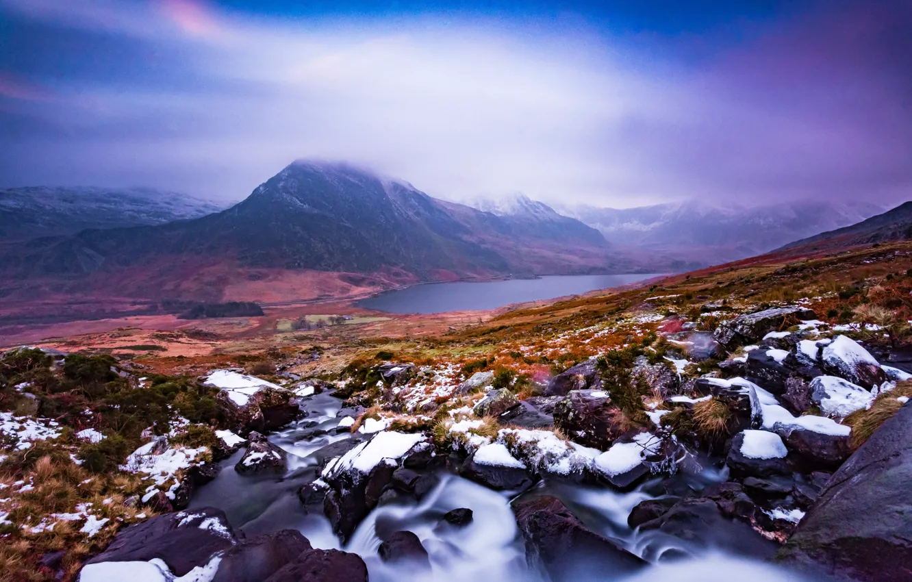 Фото обои горы, туман, утро, Уэльс