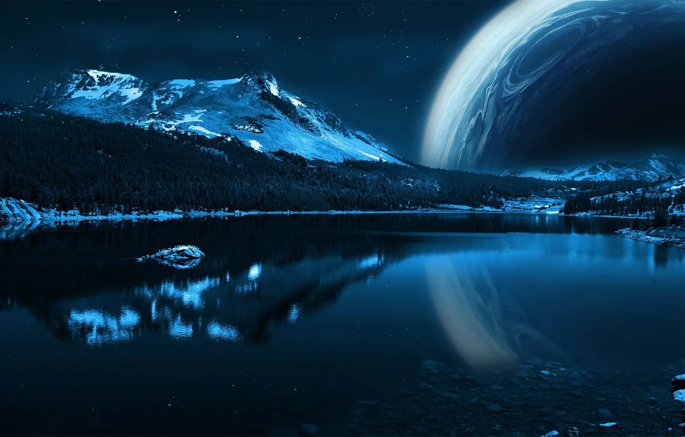 Фото обои вода, звезды, горы, планета