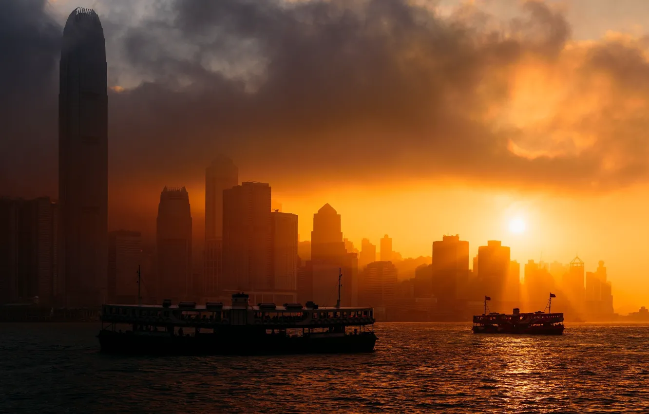 Фото обои city, China, sky, sea, ocean, sunset, clouds, sun