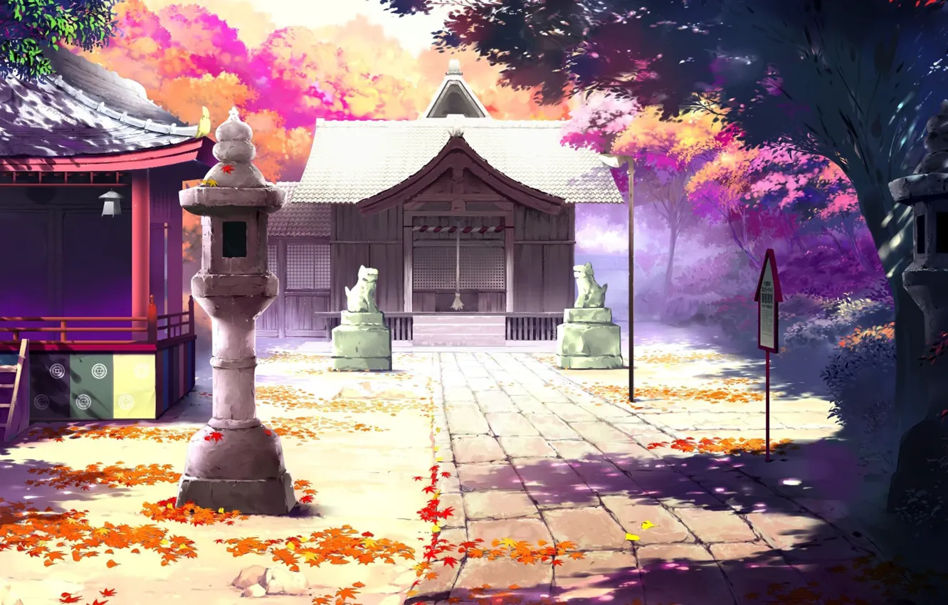 Фото обои осень, листья, Япония, дорожка, фонарь, храм, статуи