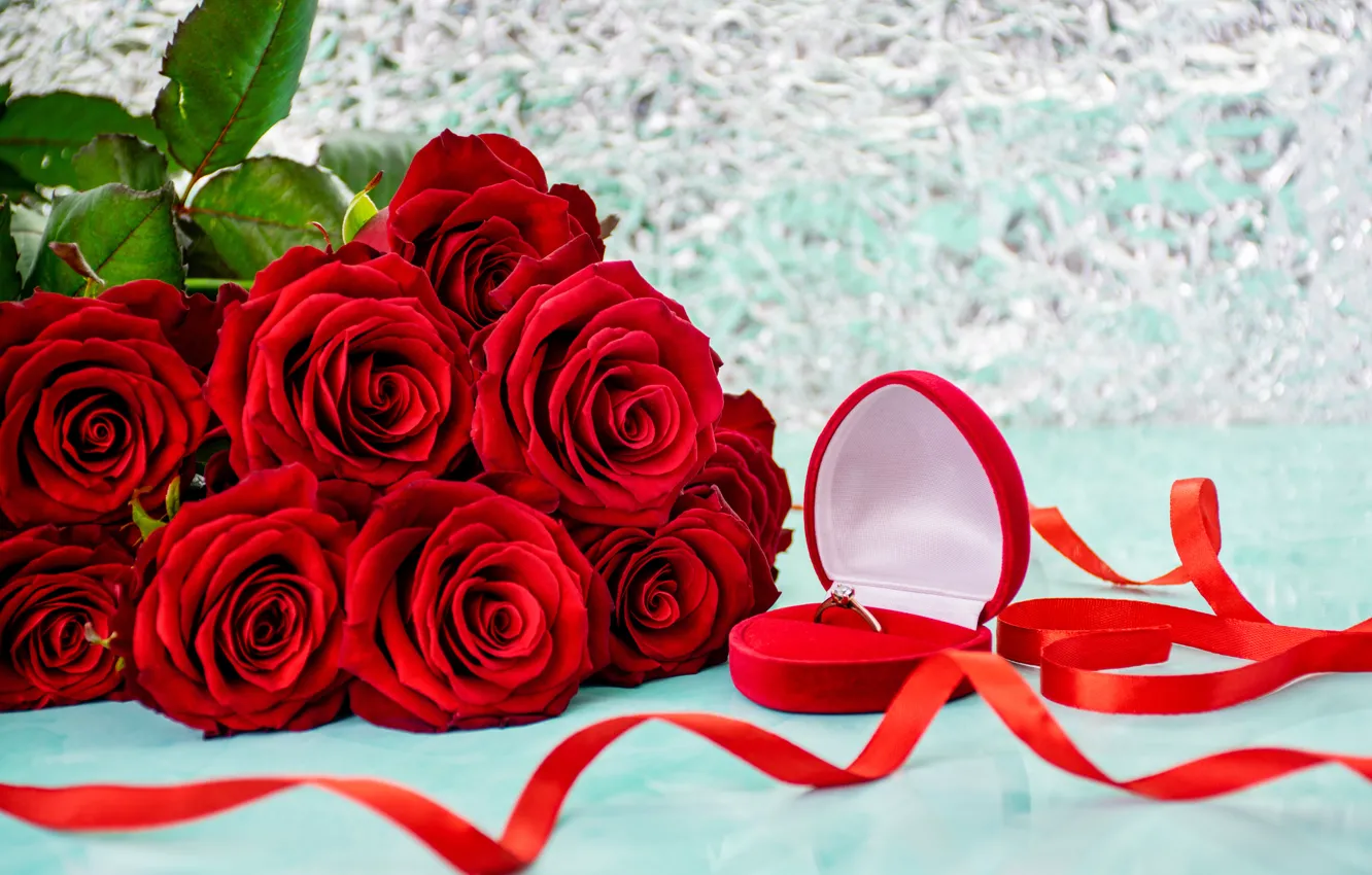 Фото обои коробка, розы, букет, кольцо, лента, сердечко