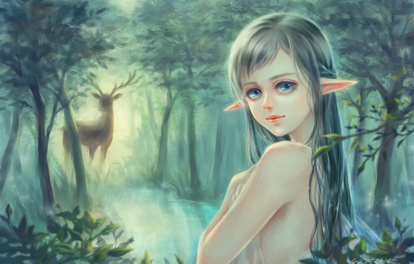 Фото обои лес, девушка, природа, озеро, эльф, олень