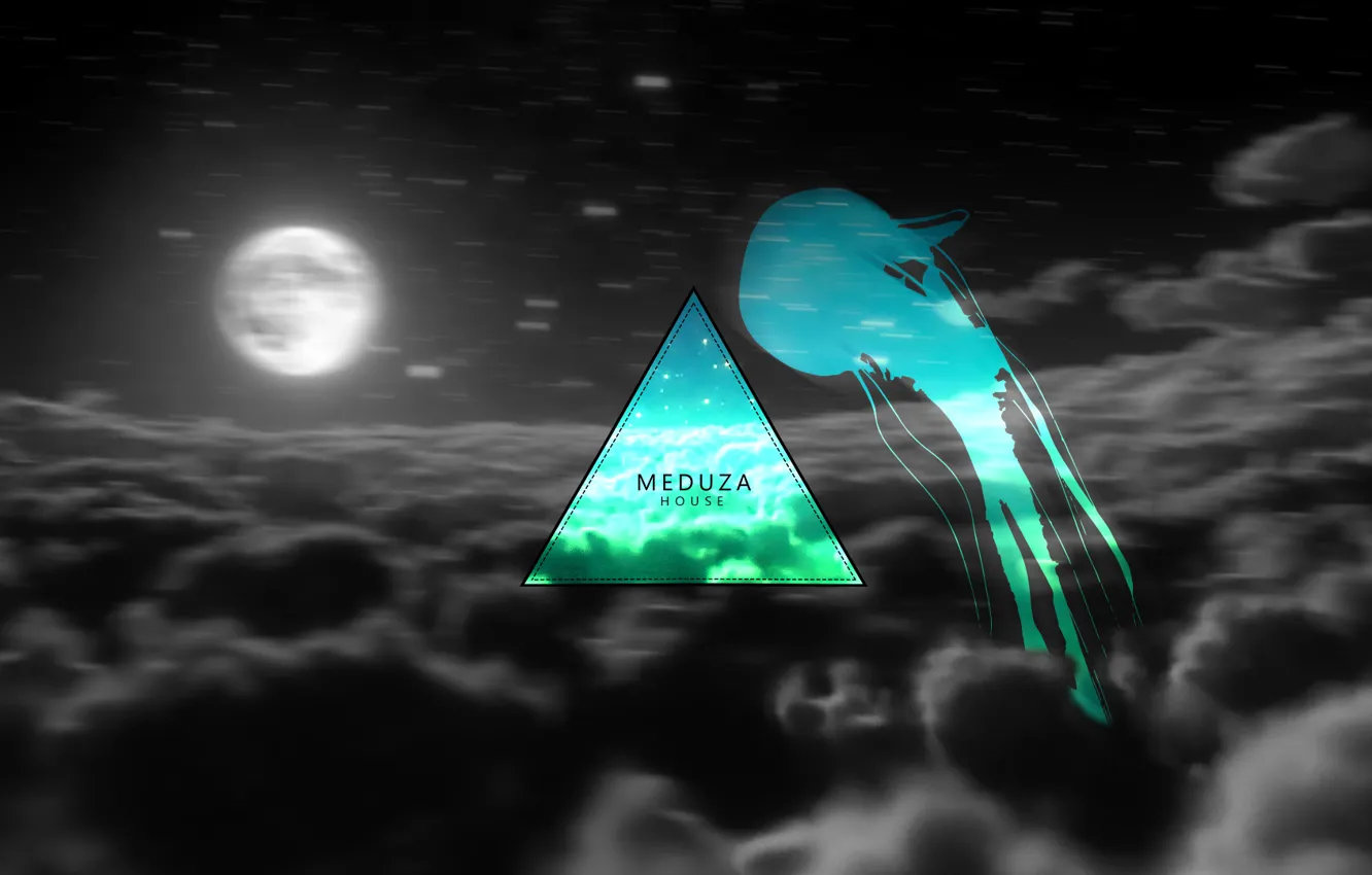 Фото обои небо, космос, звезды, облака, луна, медузы, треугольник