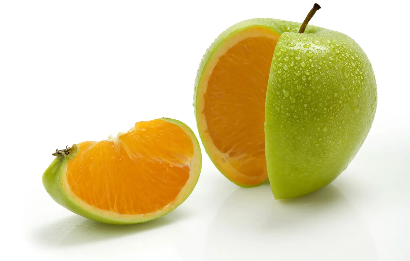 Фото обои рендеринг, apple, яблоко, апельсин, orange, mixed fruit