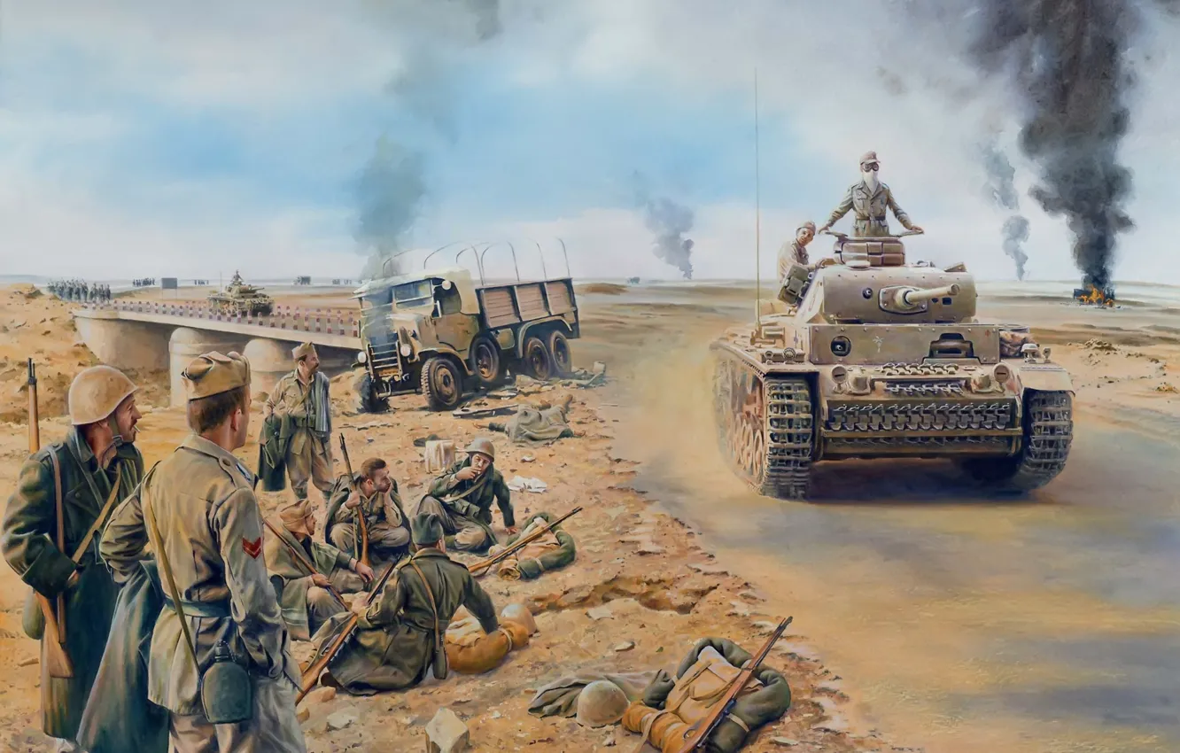 Фото обои война, рисунок, солдаты, Африка, немецкий, средний танк, Pz.Kpfw. III