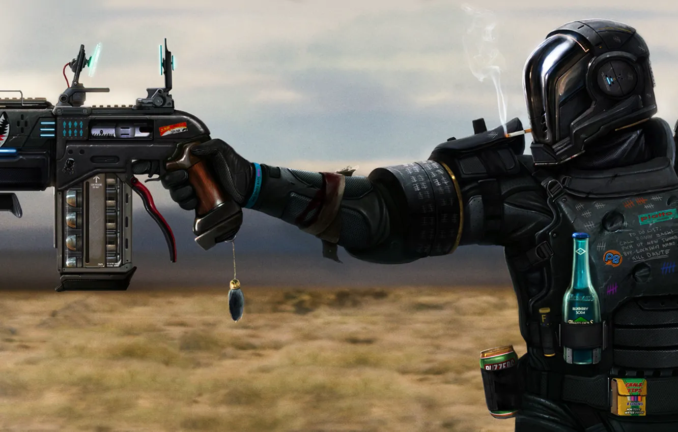 Фото обои пистолет, пустыня, бутылка, меч, солдат, сигарета, банка, шлем